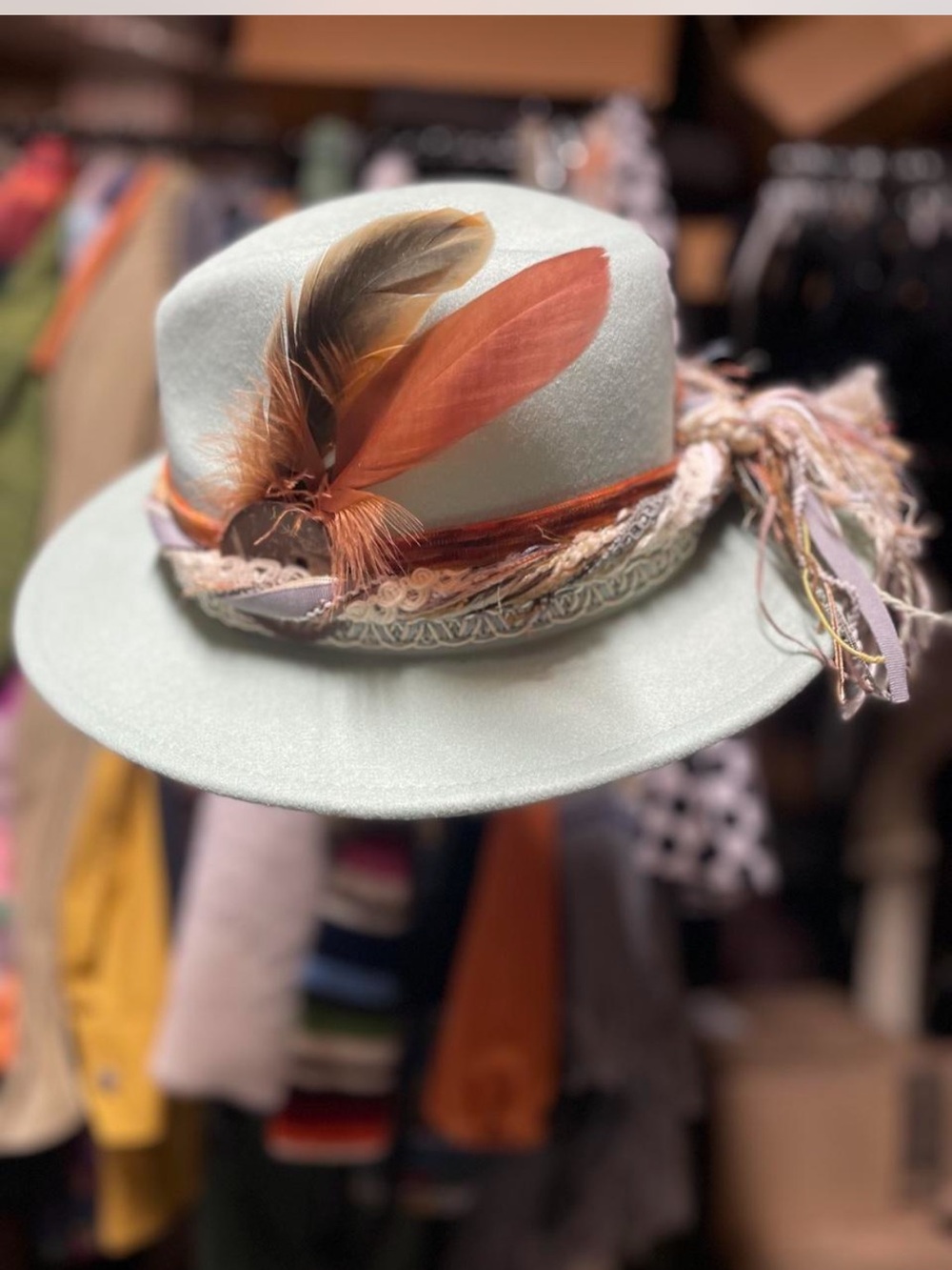 Forever 21 Mint Fedora with Orange Feather Accents